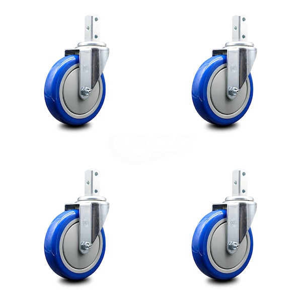 5 Inch Blue Polyurethane Wheel Swivel 3/4 Inch Square Stem Caster Set SCC